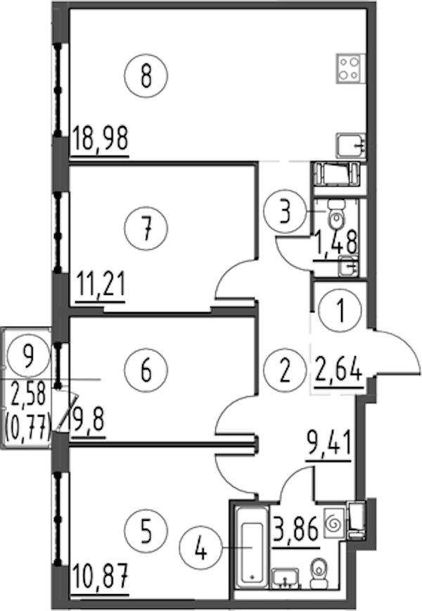 3-комнатная квартира 69.02 м², 5/13 эт., ЖК «Квартал Торики»